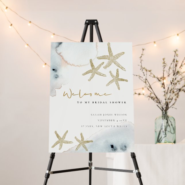 Gold Dusky Blue Beach Starfish Baby Shower Welcome Foam Board (In Situ (Stand))