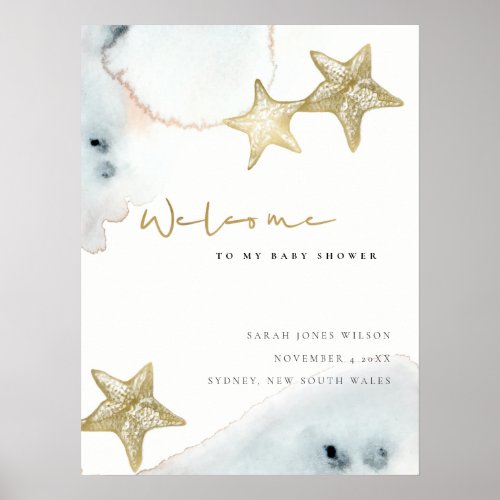 Gold Dusky Blue Beach Starfish Baby Shower Welcome Poster