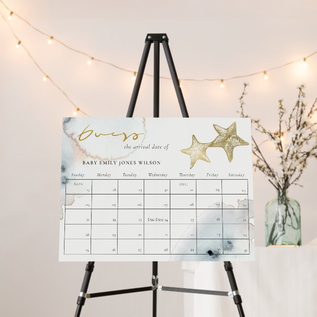 Gold Dusky Blue Beach Starfish Guess Baby Due Date Foam Board (In Situ (Stand))