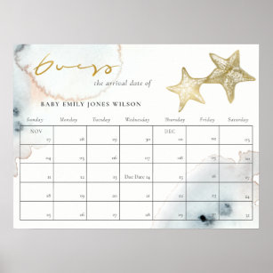 Gold Dusky Blue Beach Starfish Guess Baby Due Date Poster