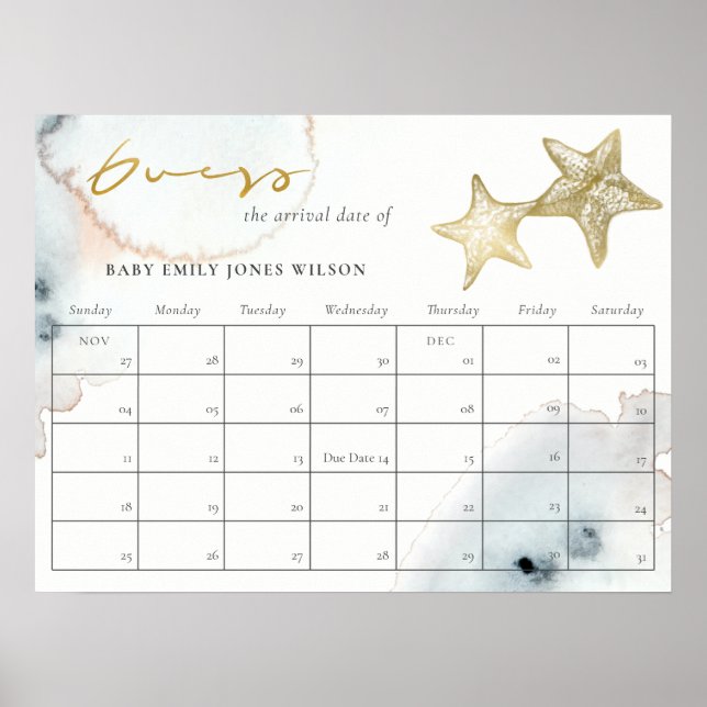 Gold Dusky Blue Beach Starfish Guess Baby Due Date Poster (Front)