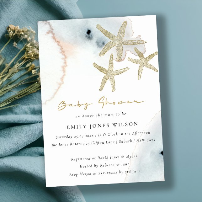 Gold Dusky Blue Beachy Starfish Baby Shower Invitation (Creator Uploaded)