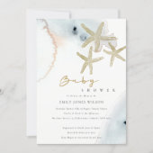 GOLD DUSKY BLUE BEACHY STARFISH BABY SHOWER INVITE (Front)