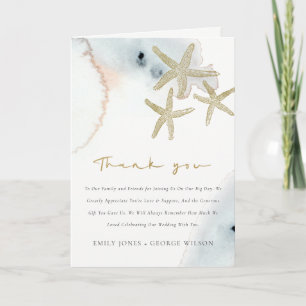 Gold Dusky Blue Beachy Starfish Baby Shower Letterpress Thank You Card
