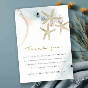 Gold Dusky Blue Beachy Starfish Baby Shower Thank You Card