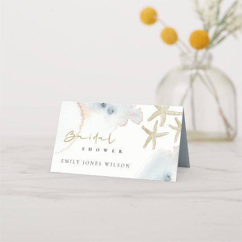 Gold Dusky Blue Beachy Starfish Bridal Shower Place Card