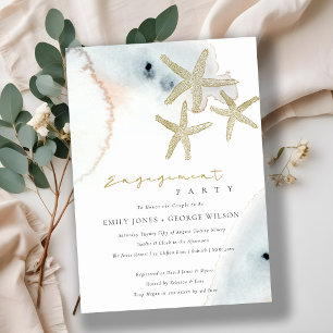 GOLD DUSKY BLUE BEACHY STARFISH ENGAGEMENT INVITE