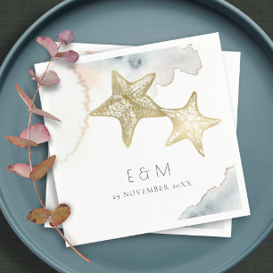 GOLD DUSKY BLUE BEACHY STARFISH MONOGRAM WEDDING NAPKINS