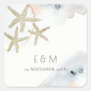 GOLD DUSKY BLUE BEACHY STARFISH MONOGRAM WEDDING SQUARE STICKER