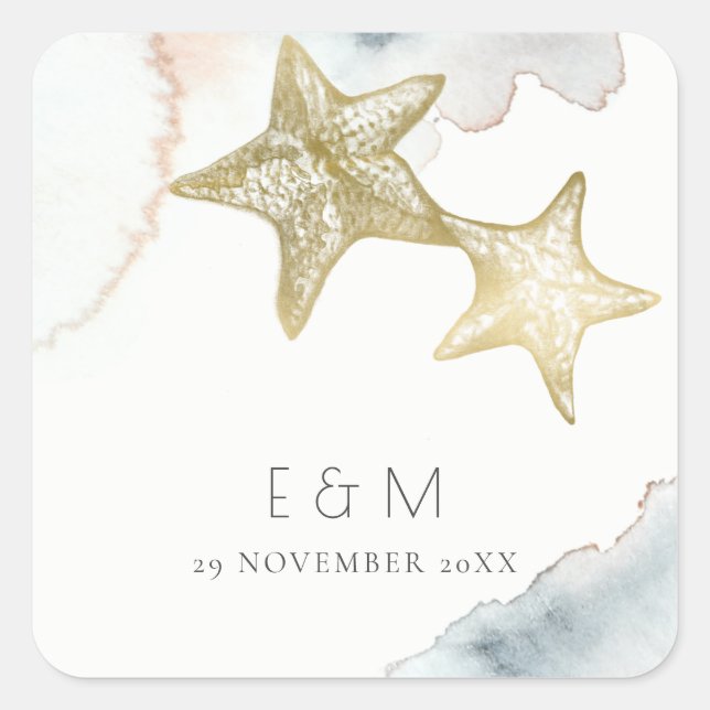GOLD DUSKY BLUE BEACHY STARFISH MONOGRAM WEDDING SQUARE STICKER (Front)