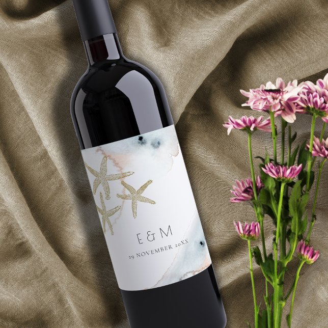 GOLD DUSKY BLUE BEACHY STARFISH MONOGRAM WEDDING WINE LABEL (Creator Uploaded)