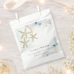 Gold Dusky Blue Beachy Starfish Watercolor Wedding Favor Bag