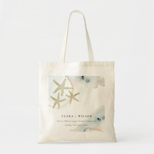 Gold Dusky Blue Beachy Starfish Watercolor Wedding Tote Bag