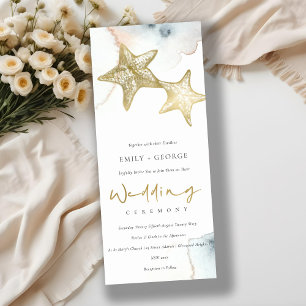 GOLD DUSKY BLUE BEACHY STARFISH WEDDING INVITATION