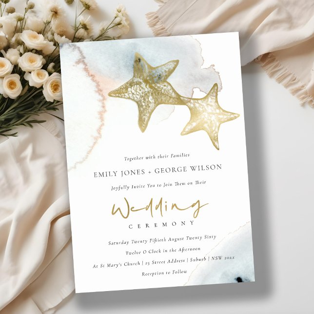 GOLD DUSKY BLUE BEACHY STARFISH WEDDING INVITE (Creator Uploaded)