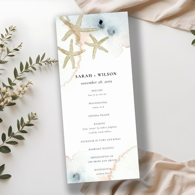 Gold Dusky Blue Beachy Starfish Wedding Program (Creator Uploaded)