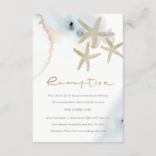 GOLD DUSKY BLUE BEACHY STARFISH WEDDING RECEPTION ENCLOSURE CARD