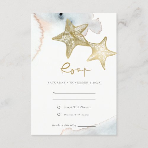 GOLD DUSKY BLUE BEACHY STARFISH WEDDING RSVP ENCLOSURE CARD