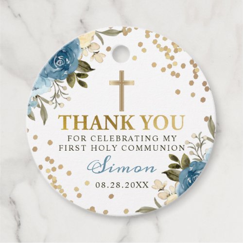 Gold Dusky Blue Floral First Communion Thank You Favor Tags