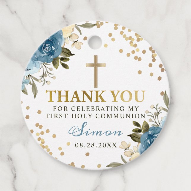 Gold Dusky Blue Floral First Communion Thank You Favor Tags (Front)