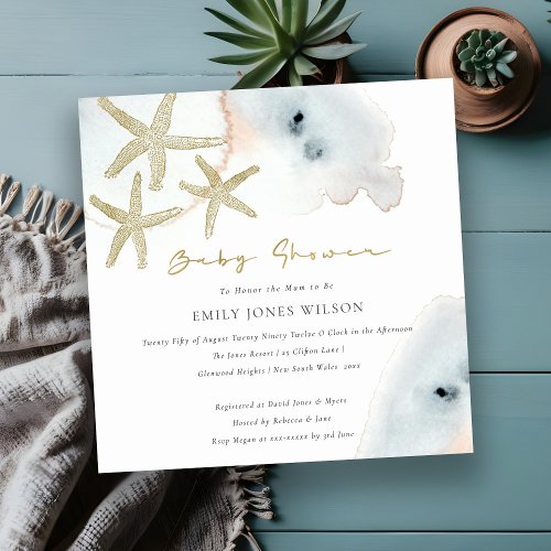 Gold Dusky Blue Peach Beachy Starfish Baby Shower Invitation