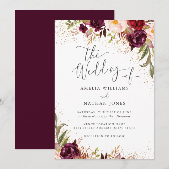 Gold Dust Burgundy Floral Fall Wedding Invitation (Front/Back)