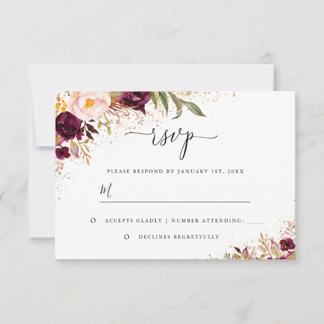 Gold Dust Burgundy Floral RSVP Card (Front)