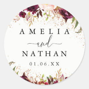 Gold Dust Burgundy Floral Watercolor Wedding Classic Round Sticker