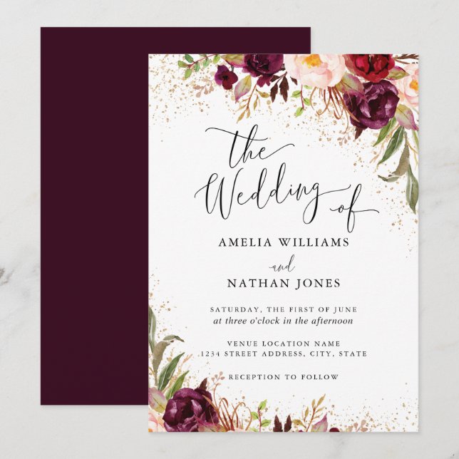 Gold Dust Burgundy Floral Watercolor Wedding Invitation (Front/Back)