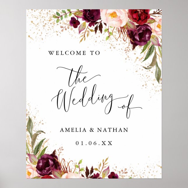 Gold Dust Burgundy Floral Welcome Wedding Poster (Front)