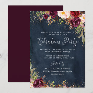 Gold Dust Burgundy Navy Floral Christmas Invitation