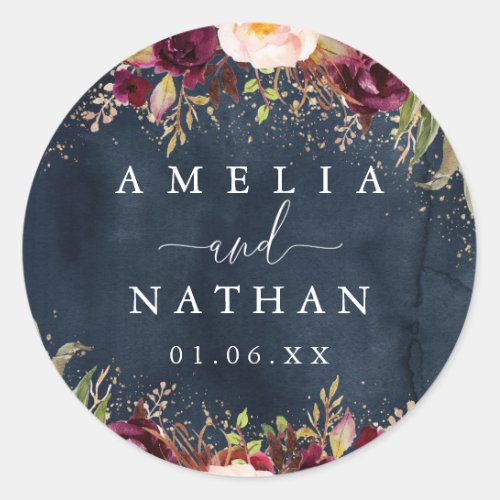 Gold Dust Burgundy Navy Floral Watercolor Wedding Classic Round Sticker