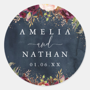 Gold Dust Burgundy Navy Floral Watercolor Wedding Classic Round Sticker