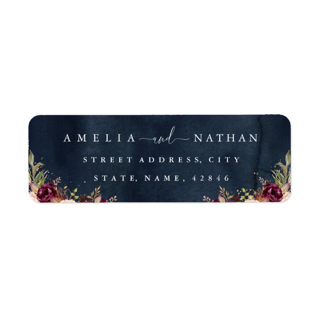 Gold Dust Burgundy Navy Floral Watercolor Wedding Label (Front)