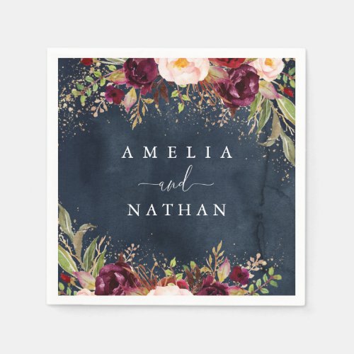 Gold Dust Burgundy Navy Floral Watercolor Wedding Napkins