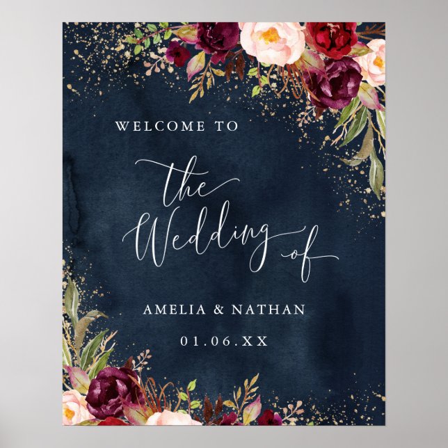 Gold Dust Burgundy Navy Floral Welcome Wedding Poster (Front)