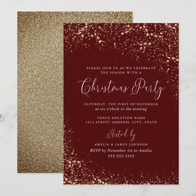 Gold Dust Burgundy Red Christmas Invitation (Front/Back)