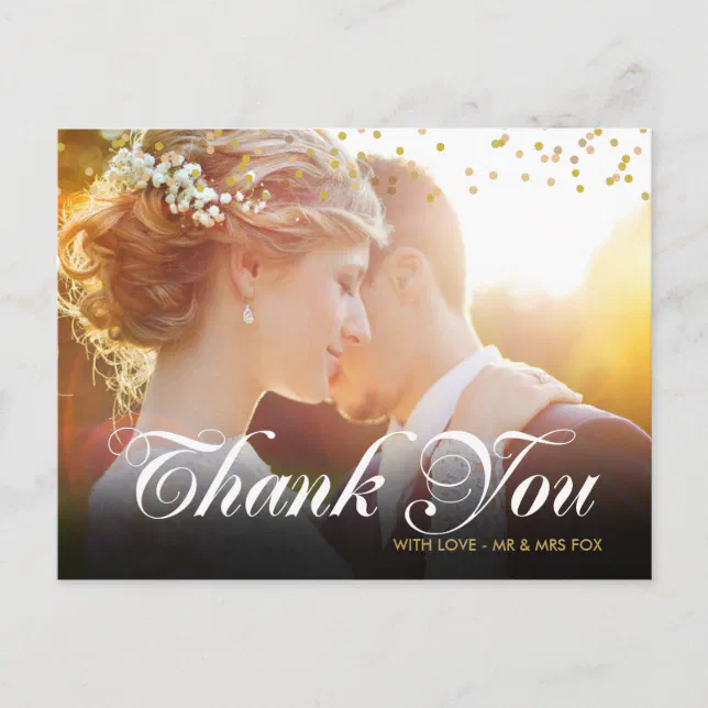 Gold Dust Confetti Script Thank You Photo Postcard | Zazzle