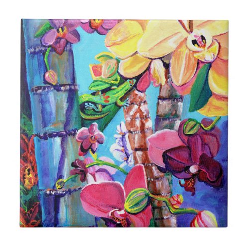 Gold Dust Day Hawaiian Gecko with Orchids Ceramic Tile