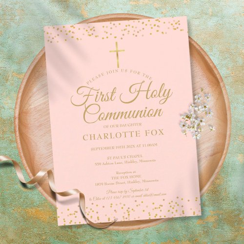 Gold Dust First Holy Communion Blush Pink Invitation