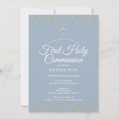 Gold Dust First Holy Communion Dusty Blue Invitation