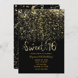 Gold Dust Glitter & Black Sweet 16 Sixteen Party Invitation