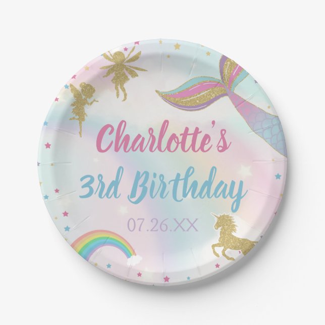 Gold Dust Magical Unicorn Fairy Mermaid Birthday  Paper Plates (Front)