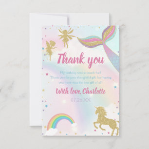 Gold Dust Magical Unicorn Fairy Mermaid Birthday Thank You Card