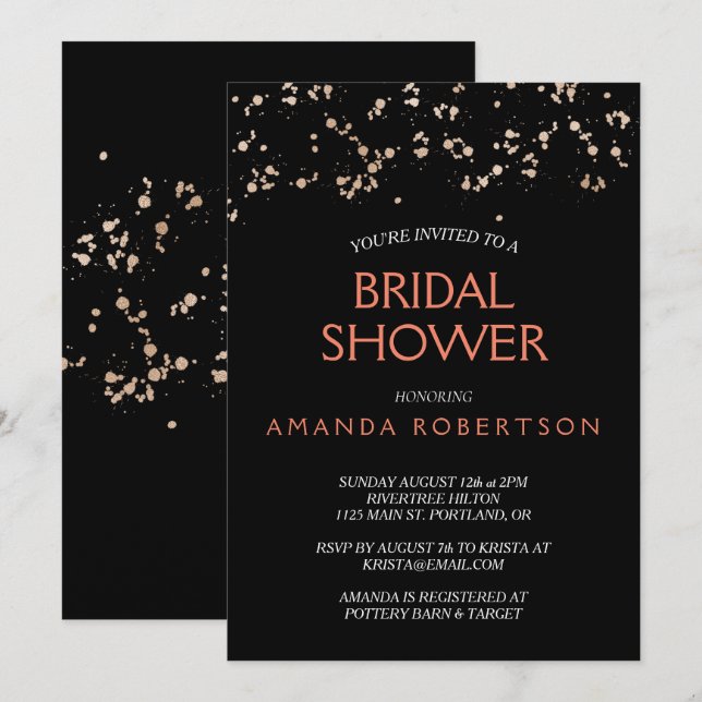 Gold Dust on Black With Coral Bridal Shower Invitation (Front/Back)
