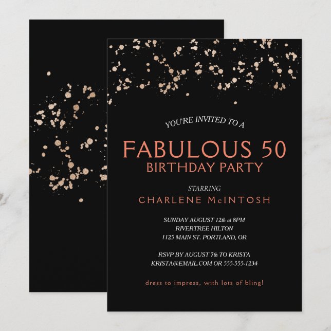 Gold Dust on Black With Coral Fabulous 50 Birthday Invitation (Front/Back)