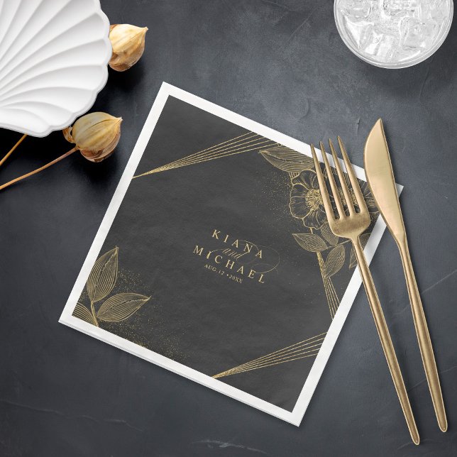 Gold Dust & Outlines Wedding Black/Gld ID835 Paper Dinner Napkins (Creator Uploaded)