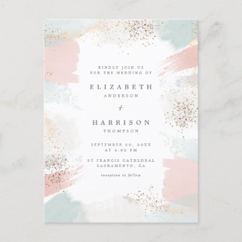 Gold Dust  Painterly Pastel Brush Strokes Wedding Invitation Postcard