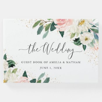 Gold Dust Peach Blush Floral Watercolor Wedding Guest Book by LittleBayleigh at Zazzle