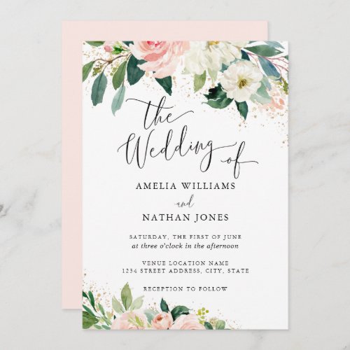 Gold Dust Peach Blush Floral Watercolor Wedding Invitation